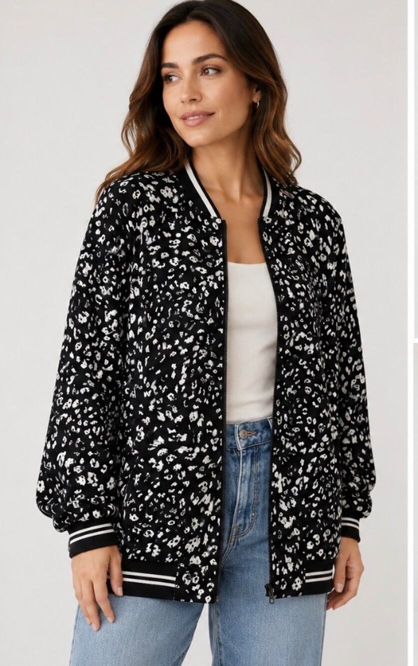 Women’s Bomber Jacket Size Medium Black White Animal Print Zip Fron